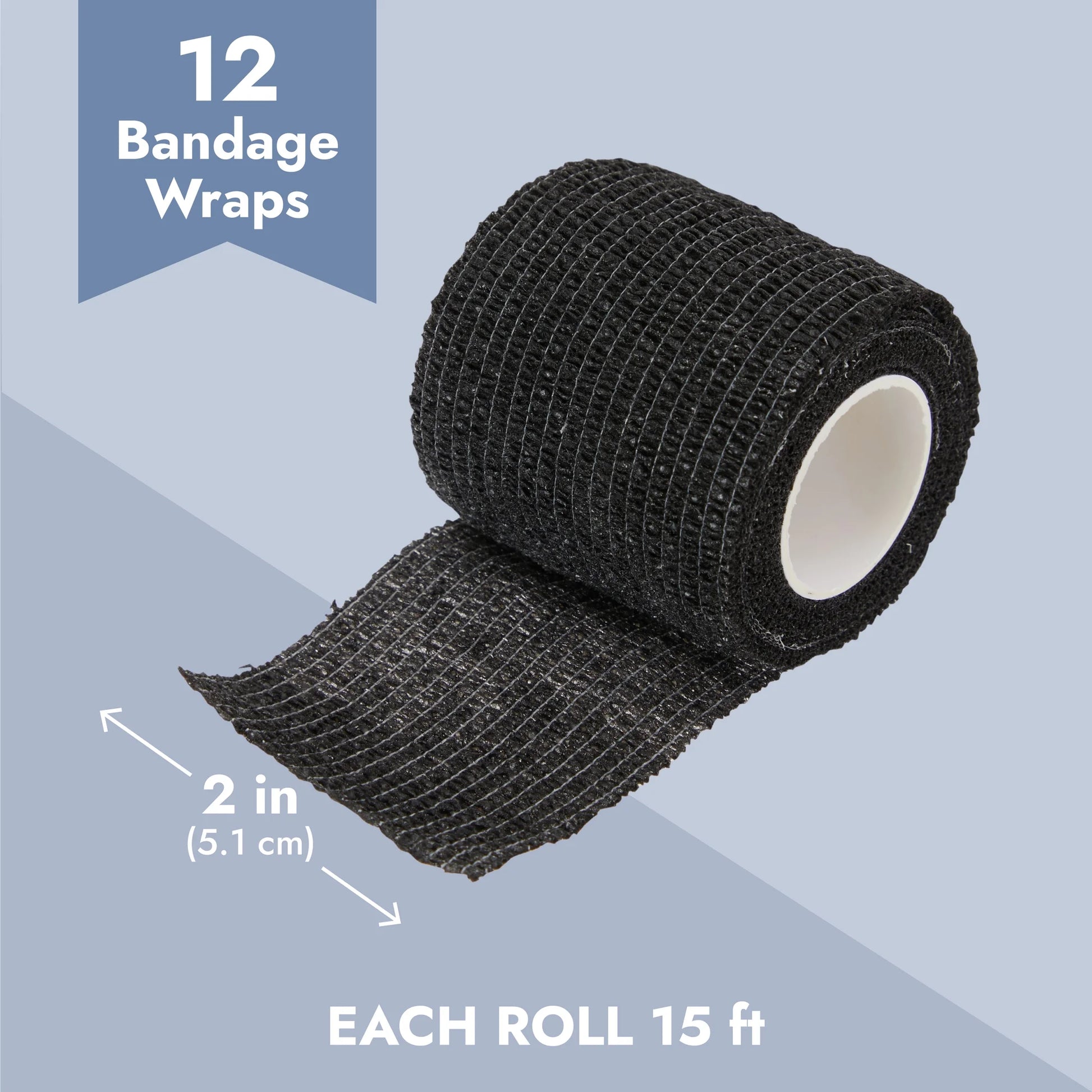 12-Rolls Self Adherent Bandage Wrap, Vet Tape - 2 in X 15 Ft Breathable, Elastic Cohesive Wrap Tape for Wrist, Swelling, Sports, Tattoo (Black)