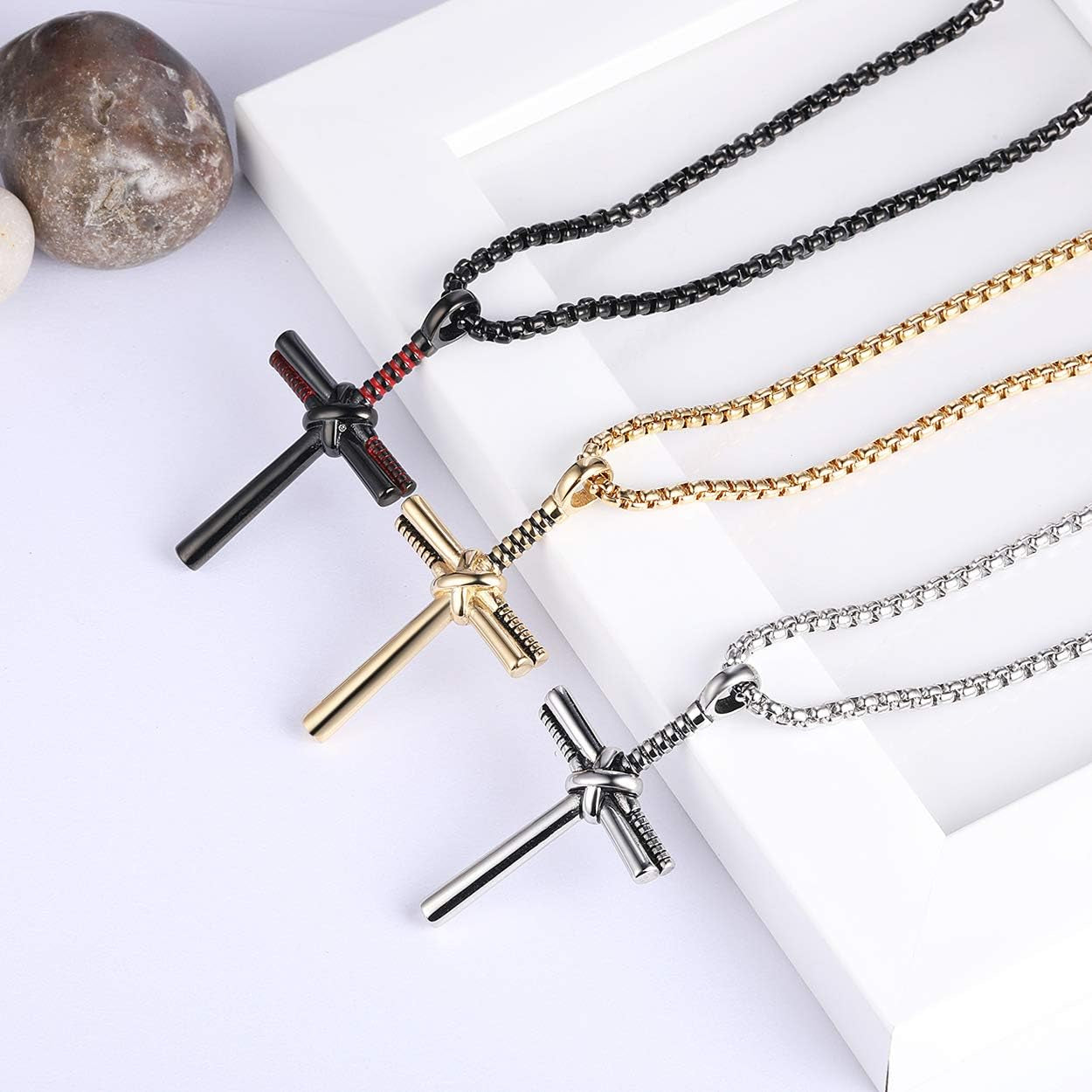 Baseball Bat Cross Pendant Necklace for Men Women with 24" Stainless Steel Chain Black Gold Silver