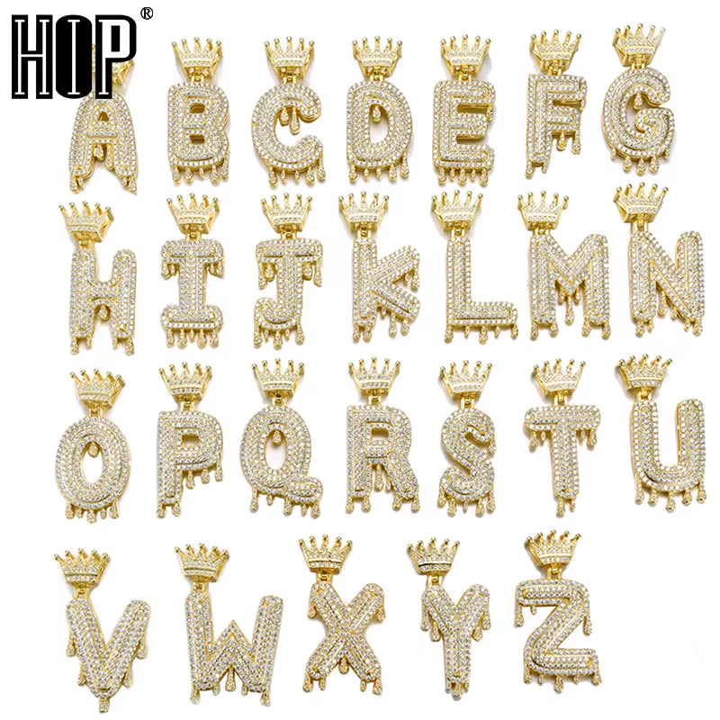 Hop Iced Out Bling Cubic A-Z Drip Crown Zircon Letters Necklaces & Pendant Chain for Men Jewelry with Rope Chain