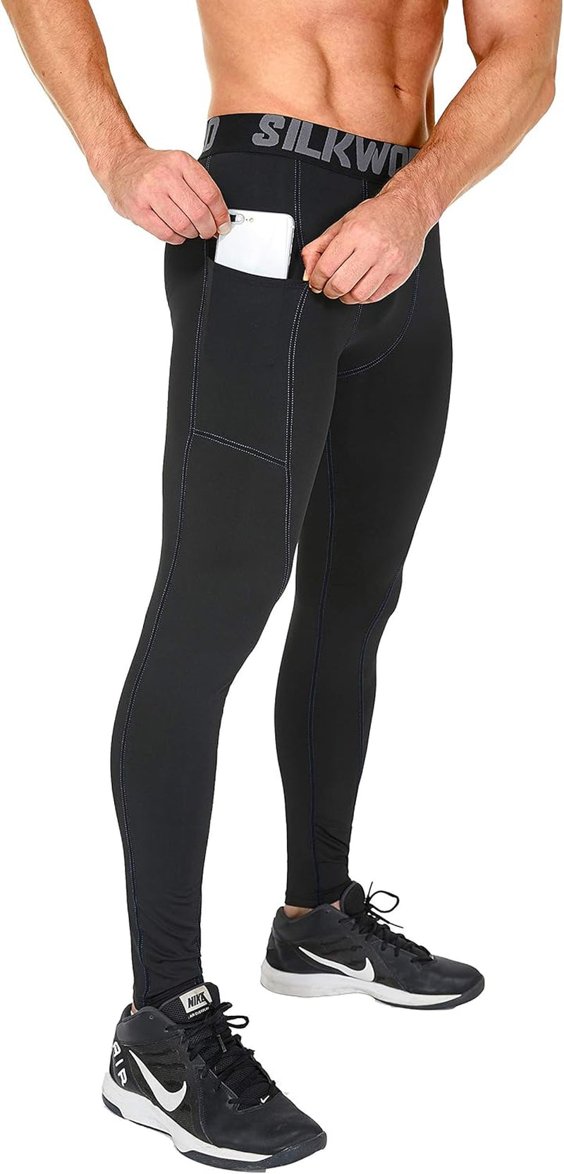 Men'S 1~3 Pack Compression Pants Pockets Cool Dry Gym Leggings Baselayer Running Tights