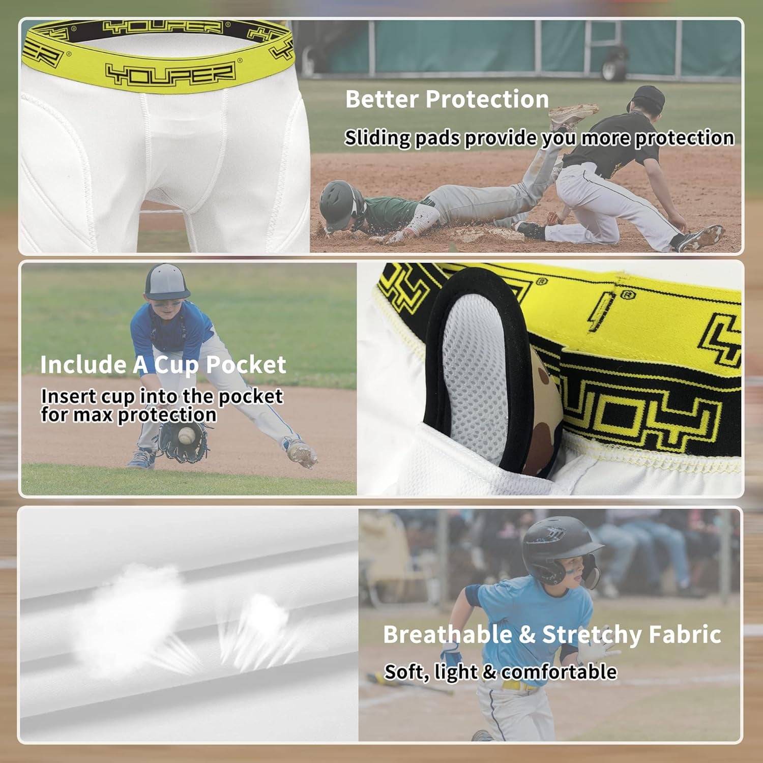 Boys Youth Padded Sliding Shorts with Cup Pocket for Baseball, Football, Lacrosse