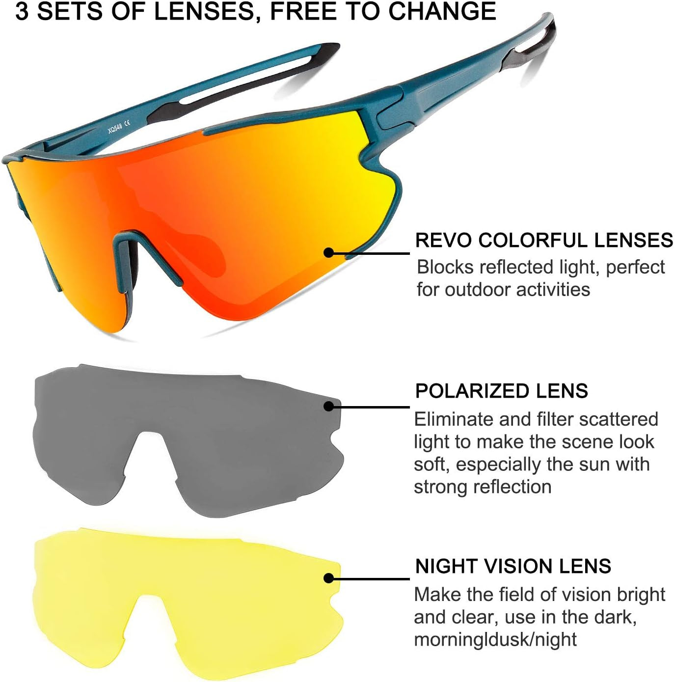Polarized Sports Sunglasses with 3 Interchangeable Lenses,Men Women Cycling Glasses Baseball Glasses Running Fishing Golf Driving Sunglasses