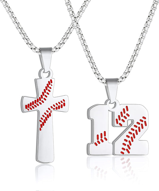 Baseball Necklaces Number Cross Pendant Set for Men I Can Do All Things Silver Plated Chains Charm Red Necklace Mens Stuff Stainless Steel Long Chain Layered Jewelry