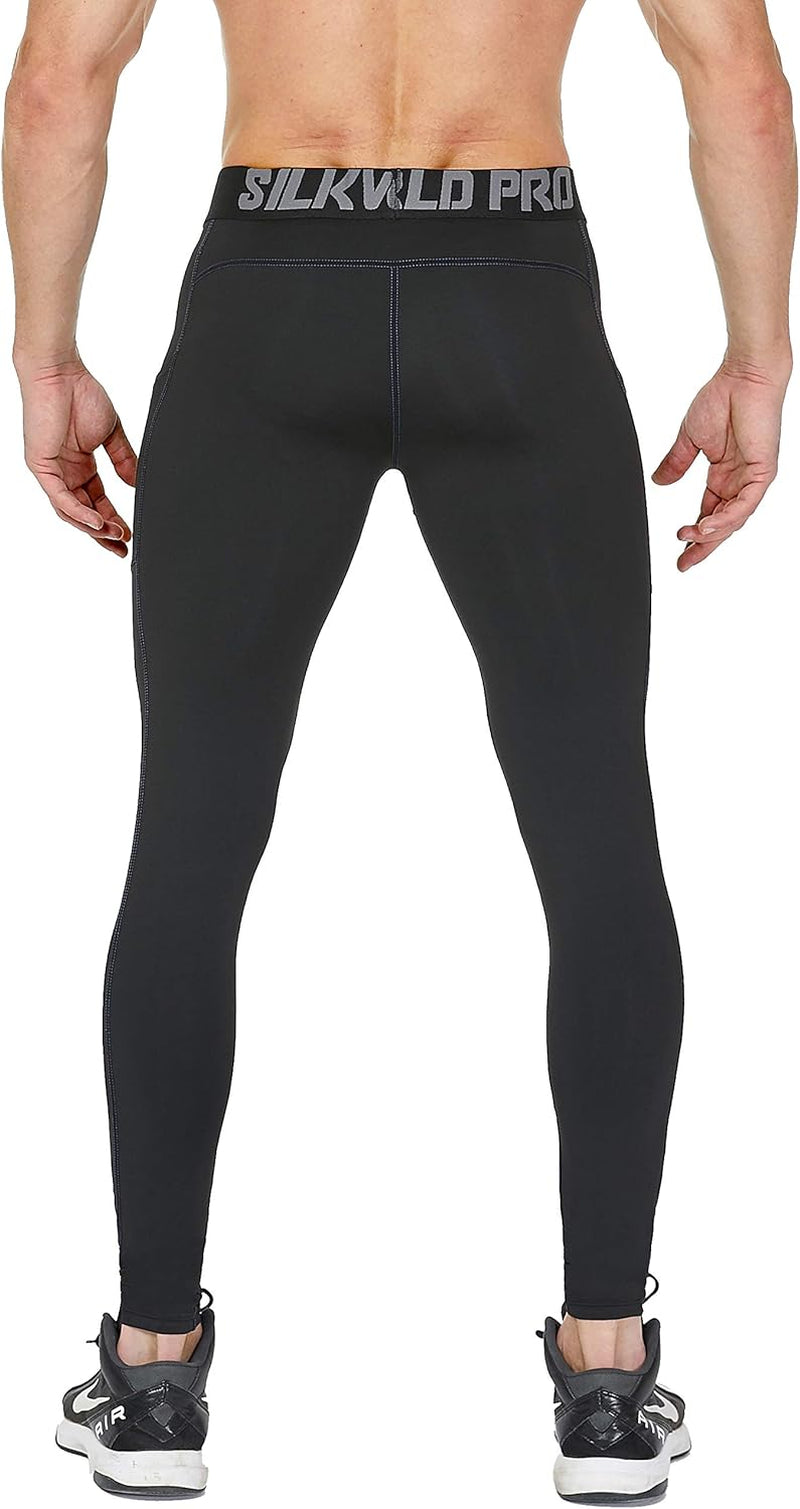 Men'S 1~3 Pack Compression Pants Pockets Cool Dry Gym Leggings Baselayer Running Tights