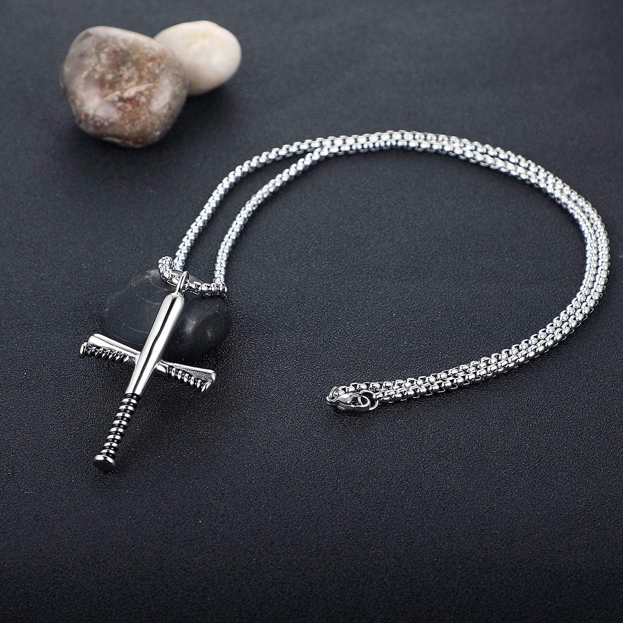 Baseball Bat Cross Pendant Necklace for Men Women with 24" Stainless Steel Chain Black Gold Silver