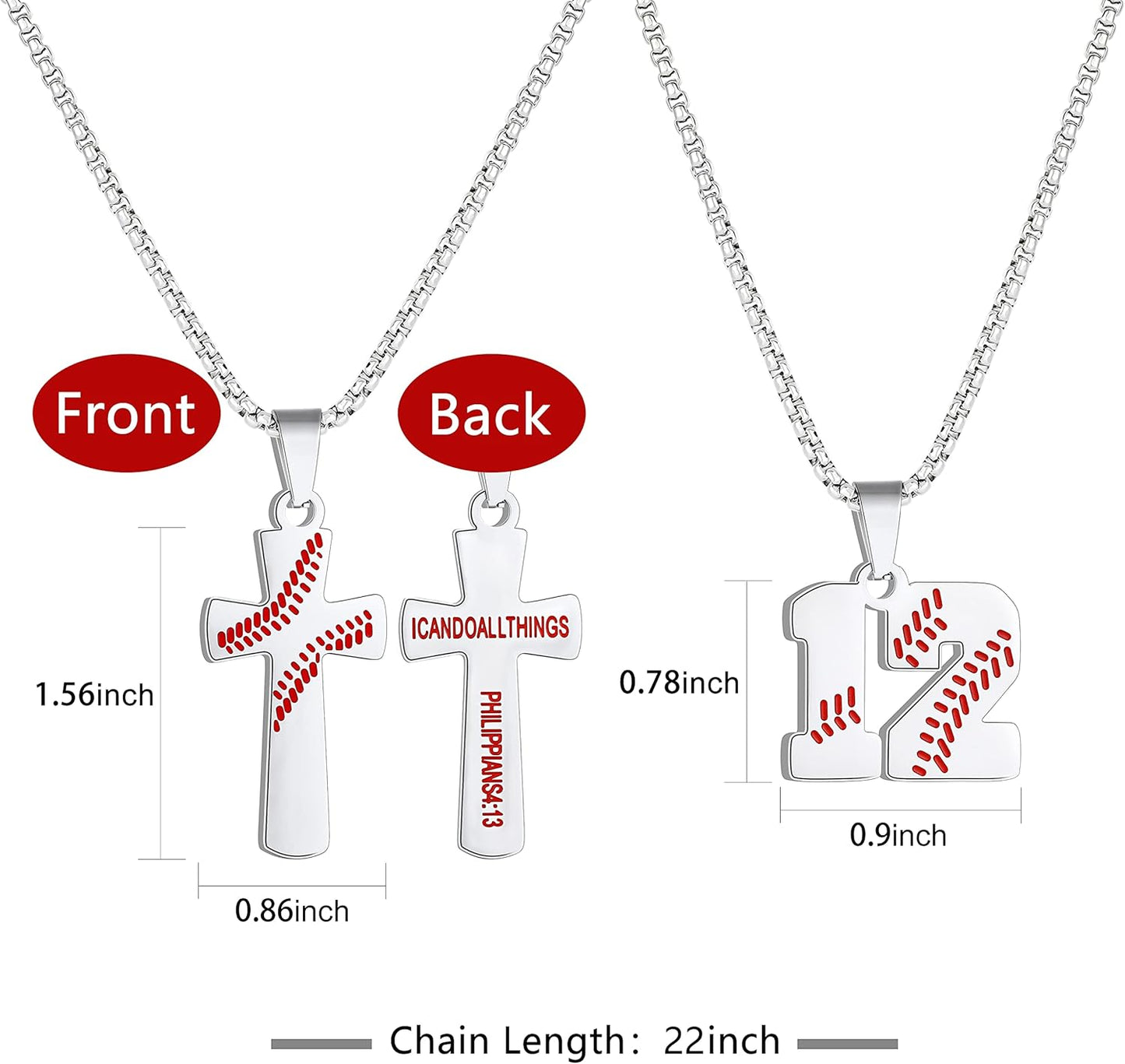 Baseball Necklaces Number Cross Pendant Set for Men I Can Do All Things Silver Plated Chains Charm Red Necklace Mens Stuff Stainless Steel Long Chain Layered Jewelry