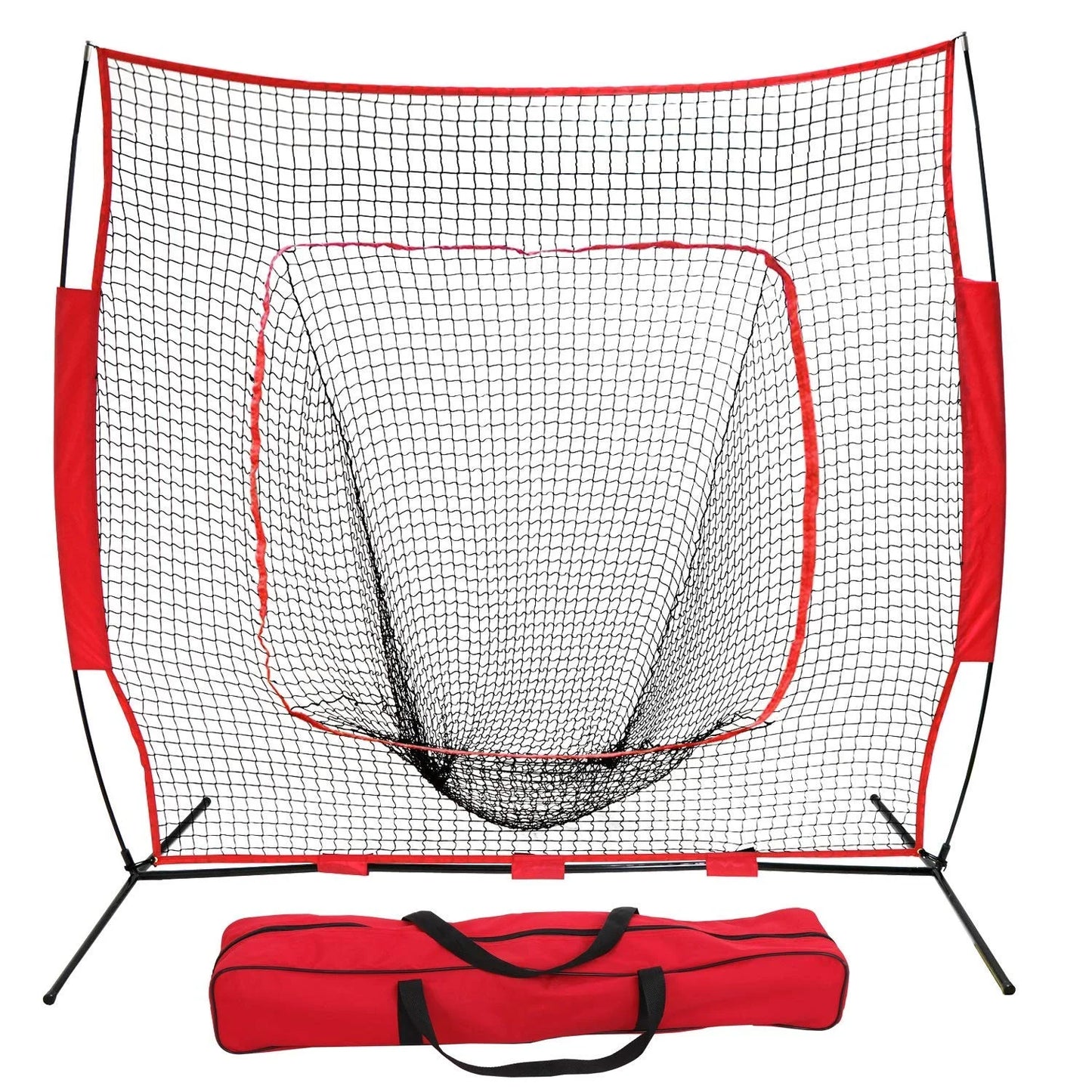 7 Ft. 7 Ft. Baseball Softball Practice Net Hitting Batting Catching Pitching Training Net with Carry Bag & Metal Bow Frame, Backstop Screen Equipment Training Aids